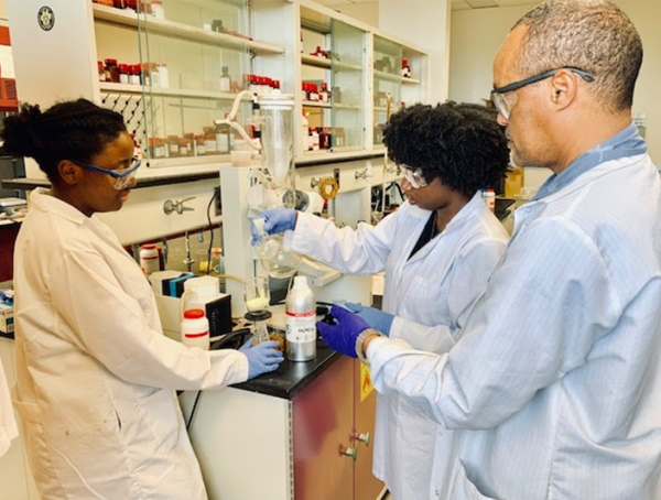 CaRE2 Summer Undergraduate Trainees working in the lab with Dr. Mochona at FAMU